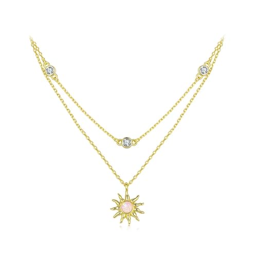 Collier double-couche argent 925 rose opale soleil pendentif zircons or