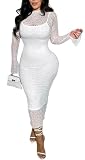Lace Dress for Women Long Sleeve Mesh See Through Long Midi Bodycon Dresses 2 Piece Dress Set Birthday Date Night Outfit White