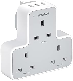 3 Way Plug Adapter, TESSAN Wall Plug Extender with 3 USB, Multiplug Socket Adapter, Extension Plug for Home, Office, School Supplies, Multi Power Plug, Triple USB Plug Adaptor for Phone, Tablet