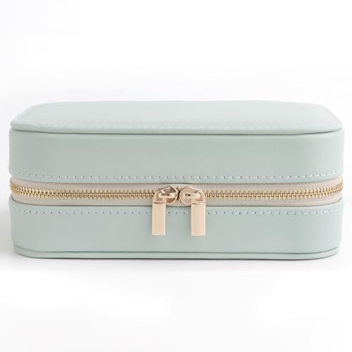 Image of NGVRC Genuine Leather Travel Jewelry Organizer Case with Mirror for Women, Small Mini Portable Jewelry Box for Ring Earrings Necklace Bracelet Luxury Gift for Women(Cyan)