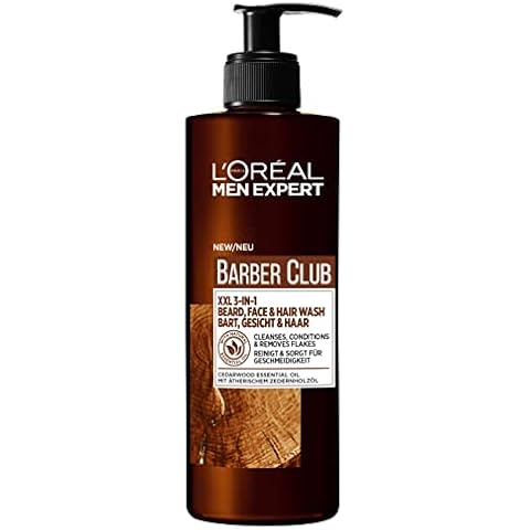 L'Oréal Men Expert Bartshampoo für Männer im XXL Vorteilspack, Für Bart, Gesicht und Haar, Beruhigend und pflegend dank Zedernholzöl, Barber Club 3-in-1 Bartpflege, 1 x 400 ml Cover