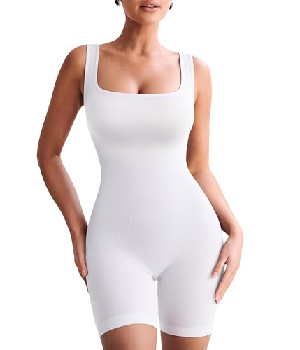 TrainingGirl Bodysuits for Women - One Piece Jumpsuits Workout Gym Bodysuit Going Out Summer Casual Cute Yoga Tank Top (White, Small)