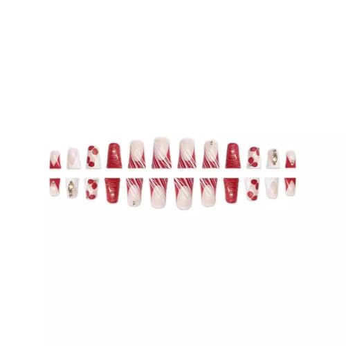 Image of Red Press on Nails Flower Fake Nails Duck Nail Press ons with Diamond Design French Tip Glue on Nails Reusable Artificial Acrylic Glossy Full Cover Stick on Nail for Women Manicure 24Pcs