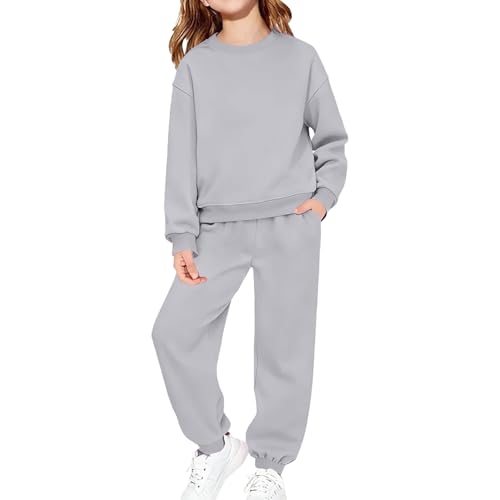 TYUSGH Conjunto completo de chándal para niñas con cuello redondo y pantalones deportivos de gran tamaño, ropa deportiva de 2 piezas, ropa deportiva, gris, 11-12 años