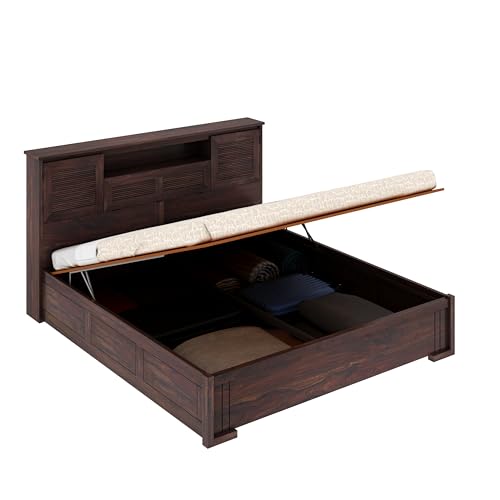 Image of Ganpati Arts Maharaja Groove Solid Sheesham Wood Queen Size Bed with Hydraulic Box and Headboard Storage Wooden Double Bed Cot Palang Furniture for Bedroom Living Room Home (Walnut Finish)
