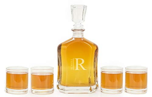 Personalized Whiskey Decanter and Glass Set (23oz Decanter with 4 glasses, Modern) - Unique Holiday, Christmas, Father's Day, Valentines Day Gift for Him, Boyfriend, Dad, Husband