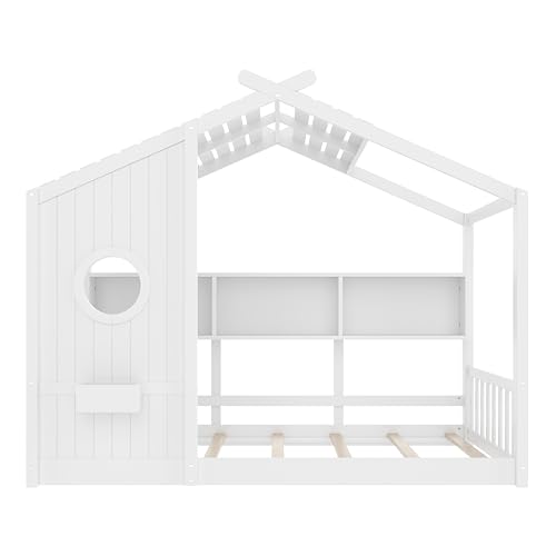 Image of Twin Size Floor House Bed with Roof and Window for Kids, Wooden Playhouse Bed with Storage Shelves for Bedroom Furniture Girls & Boys (White /L2, Twin)