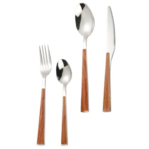 AUTSUPPL 1juego Cubiertos de Acero Inoxidable con Mango Madera Cuchara Grande Cuchara Pequeña Cuchillo y Tenedor Resistente Ergonómico y Apto para Lavavajillas