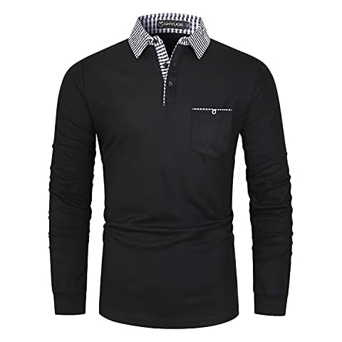 GHYUGR Men's Polo Shirt Long Sleeve Contrasting Plaid Splice Golf Tennis T-Shirt,Black,XXL Cover