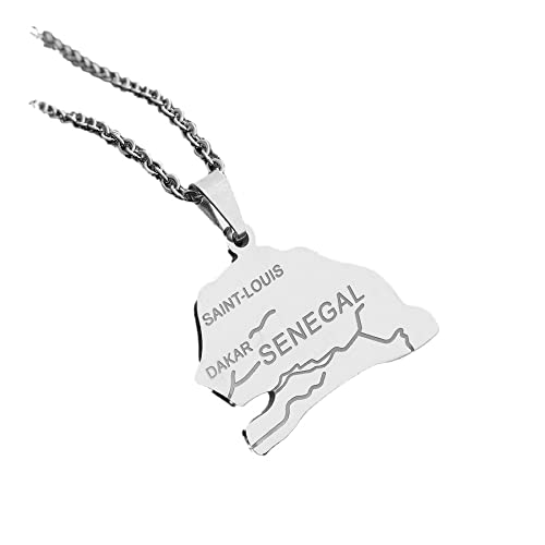 XIANRENGE Collier Pendentif Carte Africaine Sénégal - Collier Pendentif Mode Hip Hop, Carte Ethnique Afrique Continent Contour Colliers Bijoux De Charme Cadeau Patriotique,Blanc,Longueur: 45Cm Cover