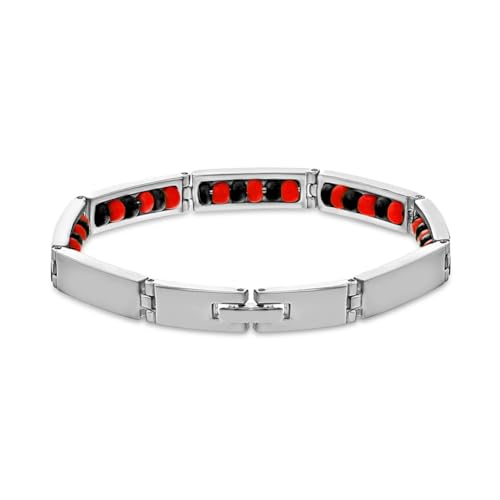 Stainless Steel Evil Eye Protection Link Wristband Inside Beaded Elegua Bracelet for Adult Men and Women - Traditional Evil Protection Red and Black Beaded Elegua Bracelet