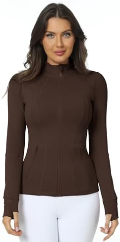 QUEENIEKE Workout Jackets for Women Full Zip Slim Fit Athletic Running Jacket with Thumb Holes (Roasted Brown, XXL) - 3