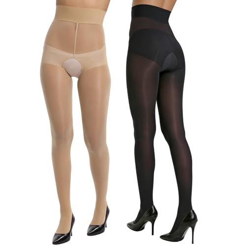 KOKOYACI Shiny Sheer Tights with Opening Design Silky Pantyhose for Women High Waist Oil Shimmery Stockings Nylons 2 Pairs Black +Natural Large-X-Large