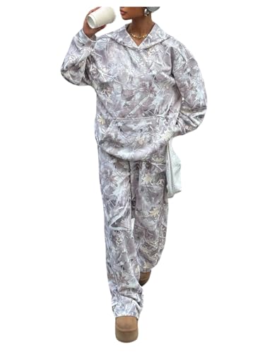 SOLY HUX Women's Sweatsuits 2 Piece Outfits Camo Long Sleeve Hoodie Sweatshirt and Sweatpants Set Streetwear Multicoloured Maple Leaf Large