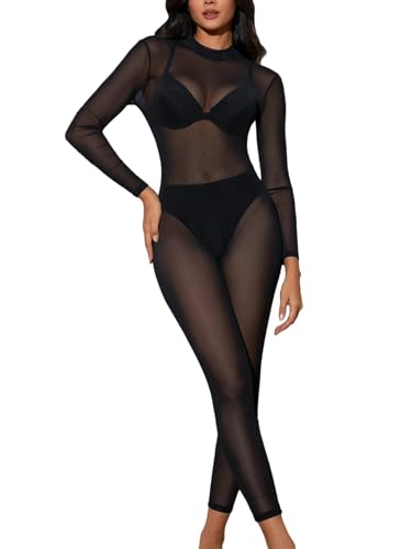 MakeMeChic Womens Sexy See Through Sheer Mesh Jumpsuits Cut Out Back Long Sleeve Skinny Club Party Outfits Black Large