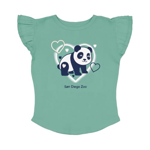 San Diego Zoo Panda Hearts Toddler Tee, Key Lime, Girls Flutter Sleeved Round Neck Cotton T-Shirt