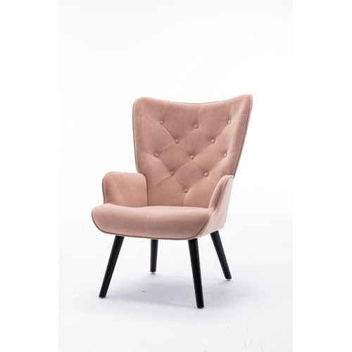 Image of Velvet Wingback Accent Chair for Living Room | Luxury High Back Tufted Armchair with Glossy Metal Legs | Modern Velvet Upholstered Lounge Chair for Home & Office | 1 Pc (Pink)