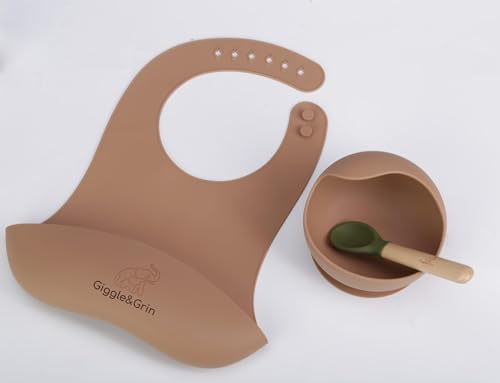 Giggle&Grin Baby Feeding Set| 3 Pack Silicone Suction Plate with Feeding Bib and 1 Silicone Feeding spoon| baby Led Weaning Supplies Self Feeding Eating Utensils (Caramel/Green) 6-12 Month2