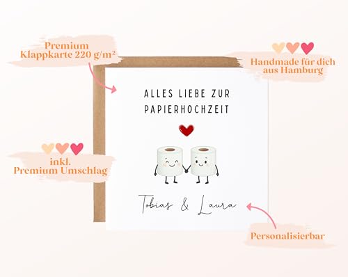 Karte zum 1 Hochzeitstag, Karte zur Papierhochzeit, personalisierte Hochzeitstagskarte, Geschenk zum Hochzeitstag, besondere Karte zum Hochzeitstag, Glückwunschkarte Hochzeitstag, Karte mit Namen
