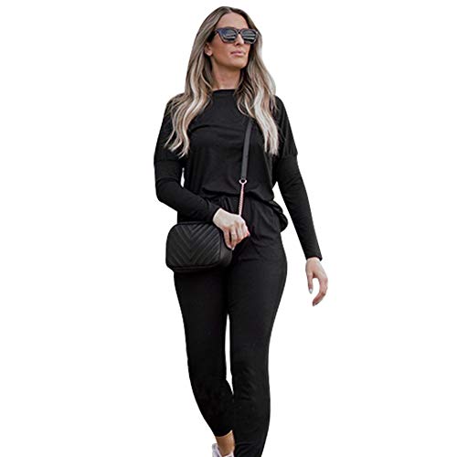 Women's Two Pieces Casual Outfit Set with Crew Neck Long Sleeve Tops and Beam Foot Long Pants Sweatsuits Tracksuits Black