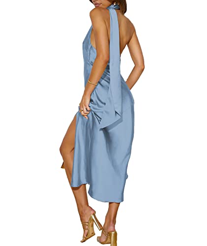Image of Sexyshine Women's Elegant Halter Tie Neck Sleeveless Satin Long Dress Backless Split Cocktail Party Formal Wedding Maxi Dress