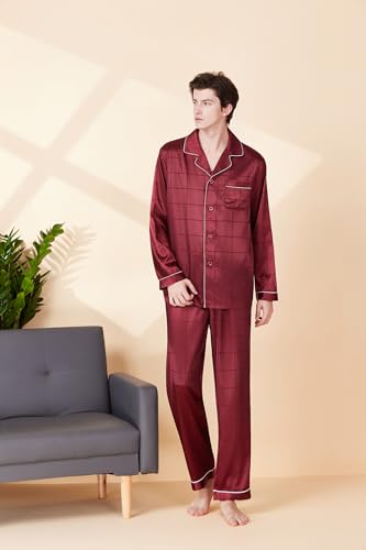 JupiterSecret Mens Silky Satin Pajamas Set Long Sleeve Button-Down Luxurious Pj Two-piece Sleepwear with Long Pants (Red Plaid with White Collar,L) — view 2