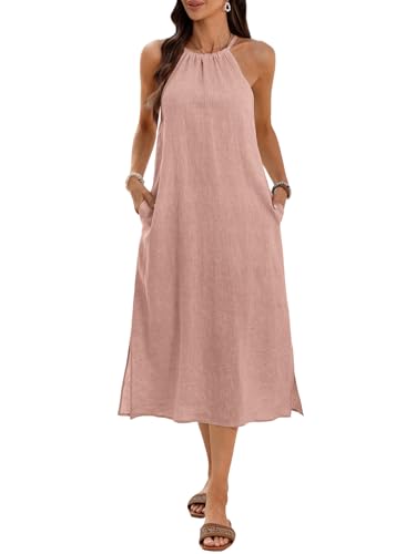 Image of Women's 100% Linen Midi Dress Halter Neck 2026 Dress Sleeveless Flowy Beach Sun Dresses with Pockets