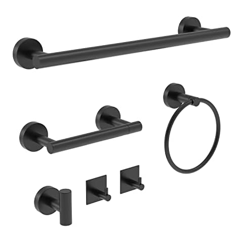 RARXTR 6 PCS Bathroom Hardware Set, Including 16" Hand Towel Bar, Toilet Paper Holder, Towel Ring, Robe Towel Hooks, Bathroom Accessories Kit(Matte Black) Cover