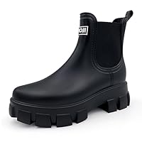Amoji Unisex Chelsea Rain Boots Waterproof Platform Short Boots Short Rainy Footwear 917 Black 12 Women/11 Men