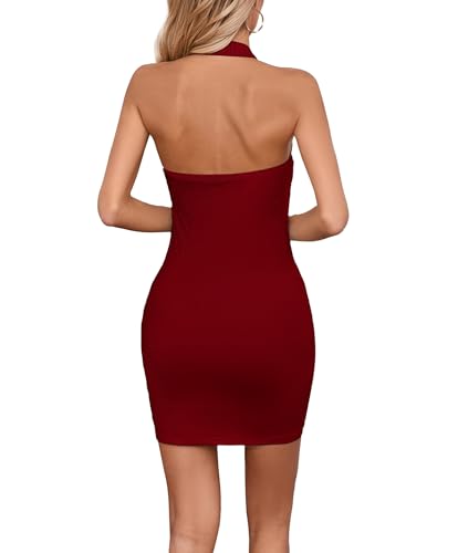 Image of Women's Sexy Halter Deep V Neck Backless Bodycon Mini Dress