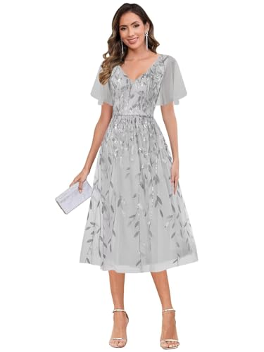 BANTRATIC Women's Mother of The Bride Dress Sequins Tulle Formal Wedding Guest Dresses Elegant Tea Length Evening Prom Gown