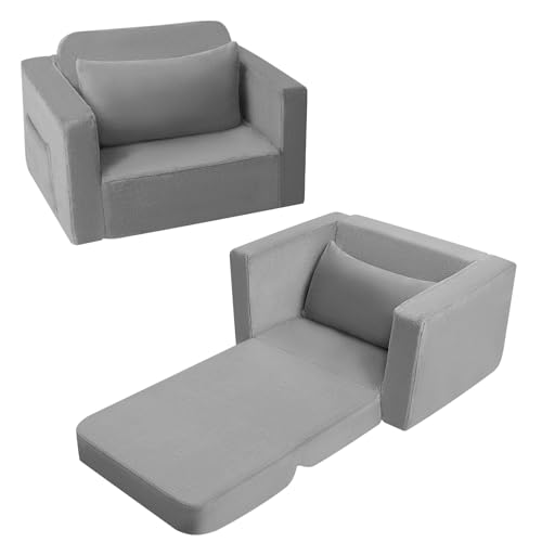 MeMoreCool Kindersofa Kindersessel Ausklappbar, Bequemes Bettsofa für Kleinkinder, 2-in-1 Schlafsofa für Kuschelecke Kinderzimmer, Mini Baby Sofa mit Schlaffunktion für Jungen und Mädchen (Grau)