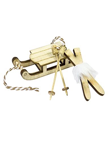 HOBI Décoration en Bois Luge et Paire de Ski 7,8 x 3 cm