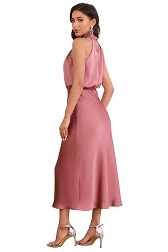 Image of Women's Satin Maxi Dress Summer Formal Wedding Guest Cocktail Dress | Mock Neck Sleeveless,Elegant Silk Midi Long Dress,High Neck,Halter,Aline,Bridesmaid,Bridal Shower Guest,Garden Party,Dinner