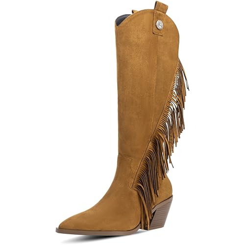 Knee High Boots for Women Fashion Fringe Boots Suede Pointed Toe Chunky Heel Tall Boot With Side Zipper Daily For Fall Winter