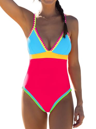 popvil Red Color Block One Piece Bathing Suit for Women V Neck Swimsuit Plunge Shell Trim Swimwear Tie Back