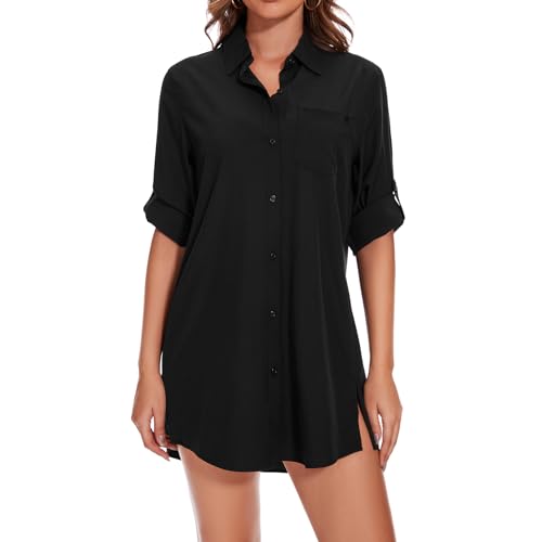 Lightbare Women’s UPF 50+ Button Down Shirt Dress Collared Long Sleeve Blouse Swimsuit Coverup Boyfriend Shirts Loose Fit