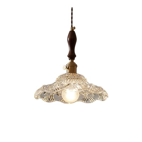 Lustre rétro en verre grainé laiton et bois de noyer moderne