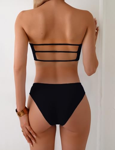 Tainehs Women's Two Piece Strapless Bikini Sets Bandeau Cutout Swimsuit High Cut Bathing Suits2