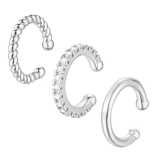3 Piezas Pendientes de Plata Ear Cuff Mujeres Niñas Hombres Pendientes Falsos Pendientes de Aro Pequeños No Perforados Ear Cuff