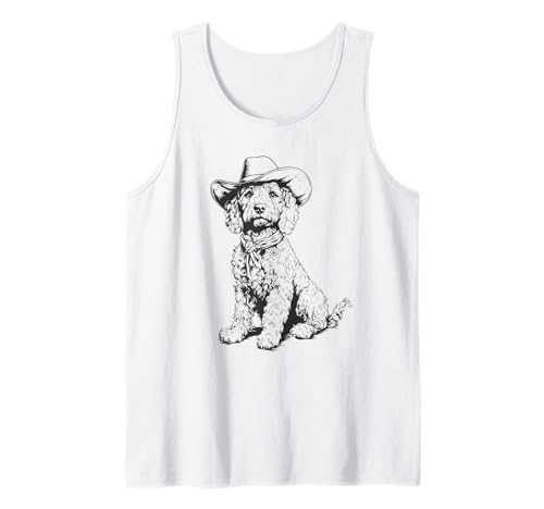 Goldendoodle con sombrero de vaquero Labradoodle divertido perro garabato Camiseta sin Mangas