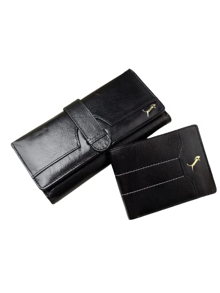 WILD EDGEUnisex Black Solid Genuine Leather Accessory Gift Set - Black Leather Wallet with Long Wallet Purse Coin Button Clutch Bag