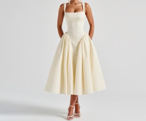 Summer Gingham Long Dress Corset Square Neck Lace Up Casual Sundress Backless A Line Short Dresses for Women2