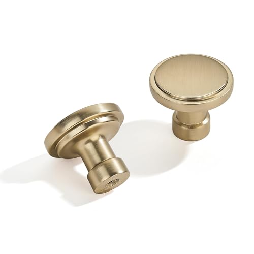 khtumeware 10 Pack Knob Brushed Brass Cabinet Knobs Solid Heavy Duty Knobs Drawers Bi-Fold Door Knob Cabinet Hardware for Kitchens Bathroom