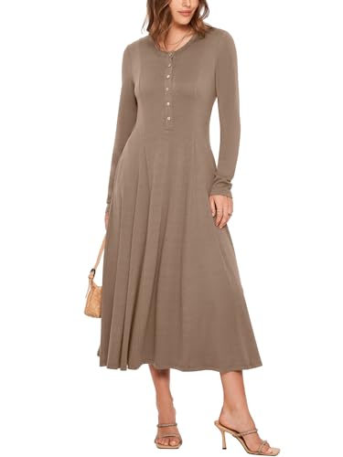 Glamaker Womens Long Sleeve Midi Dresses 2025 Fall Casual Crew Neck Button Down Fit & Flare Long Flowy Dresses with Pockets