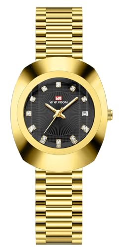 BESTKANG Valentines Couple Watches Oval Unisex Style Couple Waterproof Casual Stainless Steel Lovers Wedding Romantic Watches (Woman Gold Black)