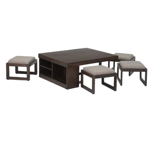 Image of Royaloak Boston American Wooden Coffee Table with 4 Stool | Solid Wood with Veneer Top | Upholstered & Cushioned Stools | Side Storage for Utility | Durable & Long Lasting | Space Saver Design