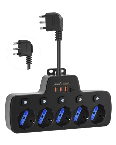 Ciabatta Multipresa Elettrica con Interruttore Indipendenti,Presa Multipla Elettriche Salvaspazio 5 Prese Universali Italiana 10/16A Schuko,USB C PD20W Cavo Corto Flessibile 0,1m Spina 16A 2P+T,Nero