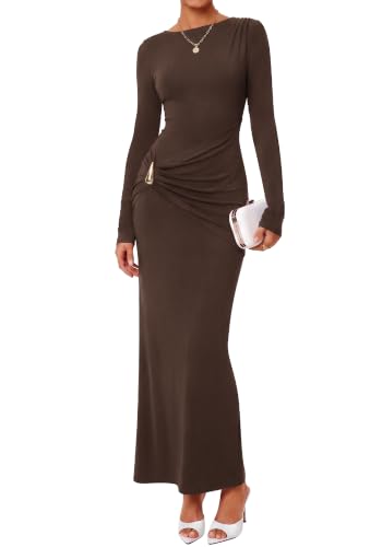 BTFBM Womens Long Sleeve Ruched Slit Maxi Wedding Guest Dress,Brown,XXL — view 6