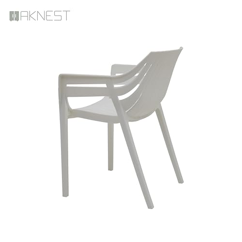 Image of OAKNEST Supreme Spectrum Plastic Arm Chair - Modern Slatted Stackable Chair for Living Room, Dining, Garden, Balcony, Restaurant & Cafe | Indoor Outdoor Designer Chair, Set of 4, Milky White